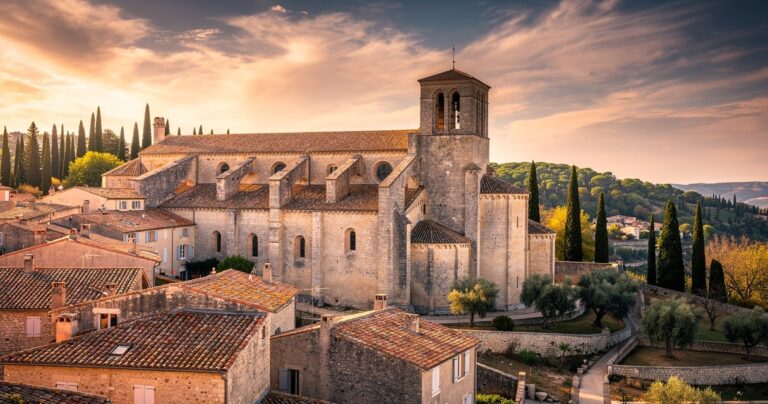 Abbaye de Lagrasse vue d'ensemble au coucher du soleil