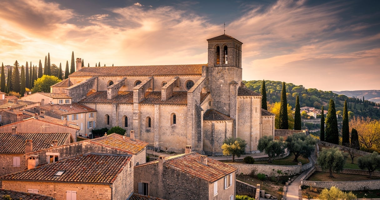 Abbaye de Lagrasse vue d'ensemble au coucher du soleil