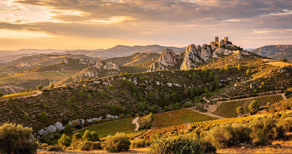 Vue panoramique sur le massif des Corbières au coucher du soleil avec vignobles et collines
