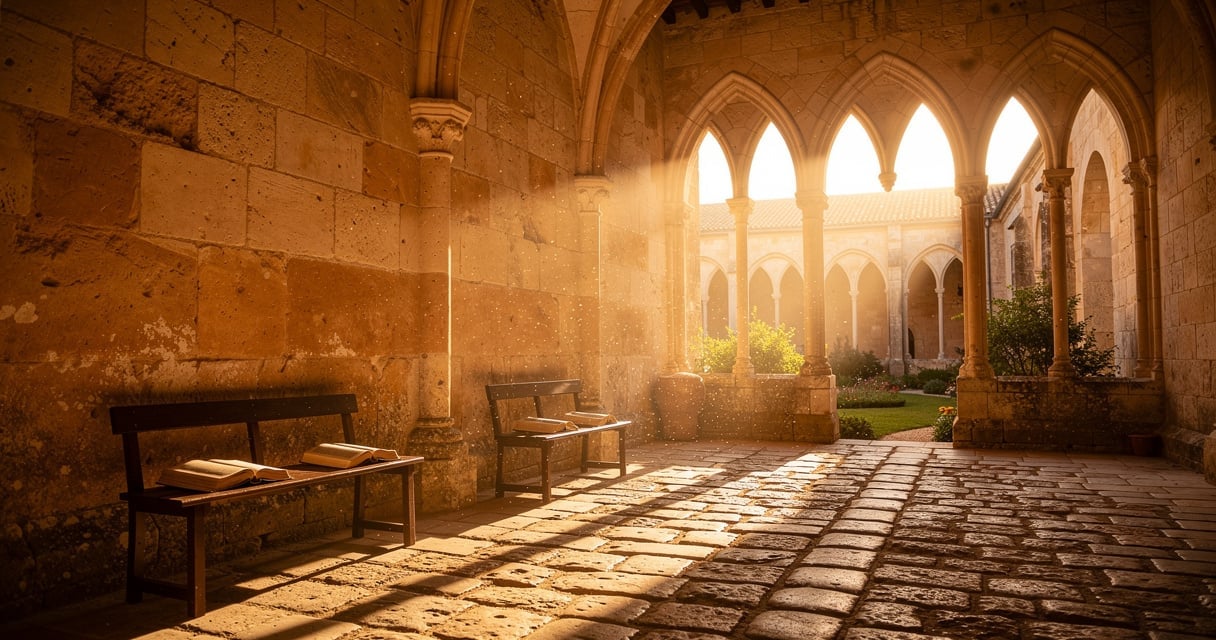 Cloître de l'abbaye médiévale de Lagrasse au coucher du soleil pendant le Banquet du livre