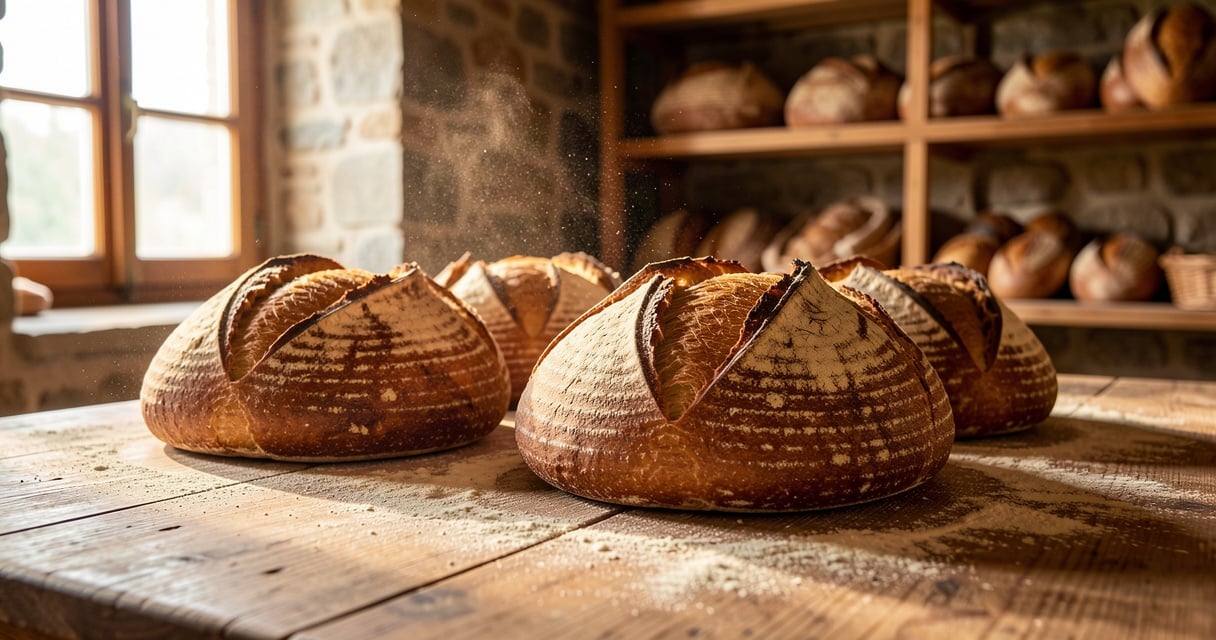 Pains artisanaux a la croute doree sur une table en bois dans une boulangerie de village