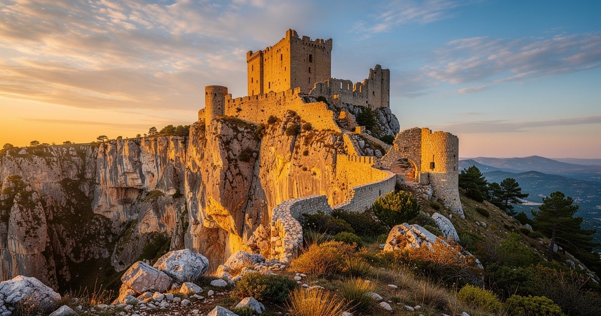 Ruines d'une forteresse cathare des Hautes-Corbières au coucher du soleil