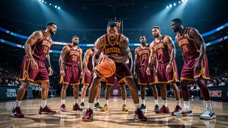 Une équipe masculine de basketball en uniformes bordeaux et dorés se rassemble sur un terrain éclairé dans une arène moderne, illustrant ses ambitions dans la conférence Est pour la saison 2026.