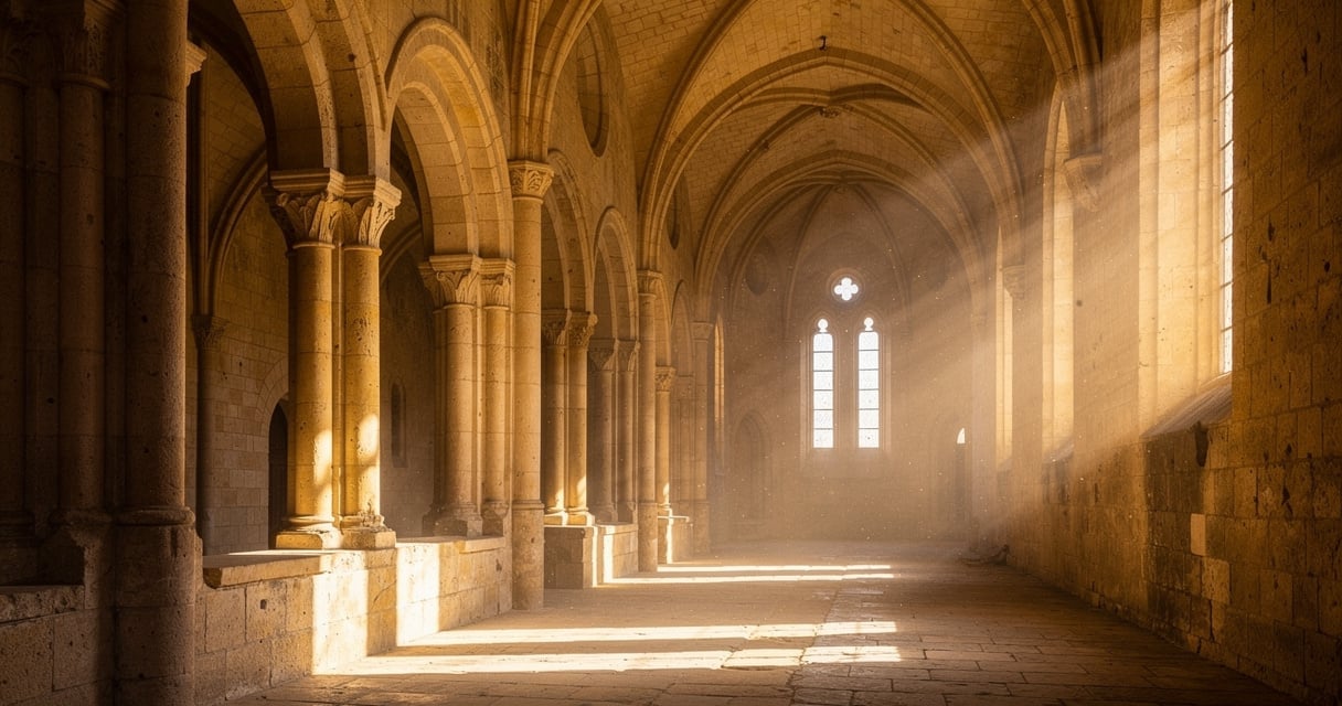 Cloître de l'abbaye de Lagrasse baigné de lumière matinale