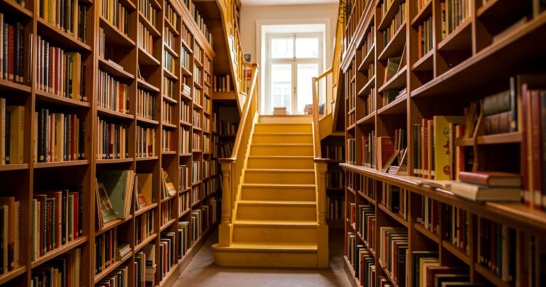 Interieur d'une grande librairie independante aux etageres de bois remplies de livres