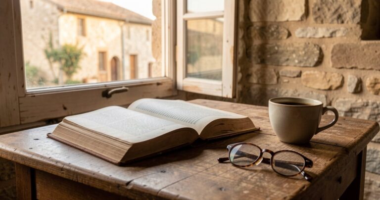 Roman ouvert sur une table en bois pres d une fenetre, ambiance de lecture