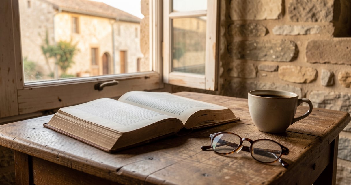 Roman ouvert sur une table en bois pres d une fenetre, ambiance de lecture