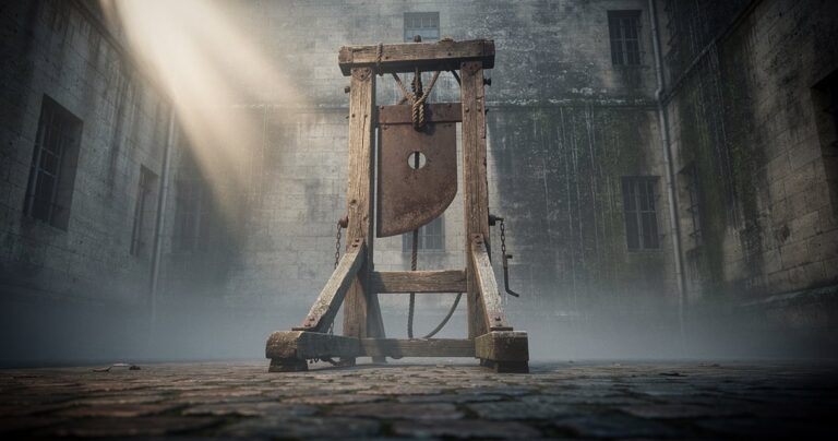 Mécanisme de guillotine dans une cour de prison historique en France