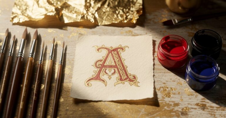 Atelier d'enluminure médiévale avec lettrine A peinte en rouge et or sur parchemin