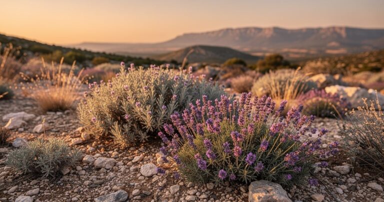 Paysage de garrigue dans les Corbières avec lavande et plantes aromatiques au coucher du soleil