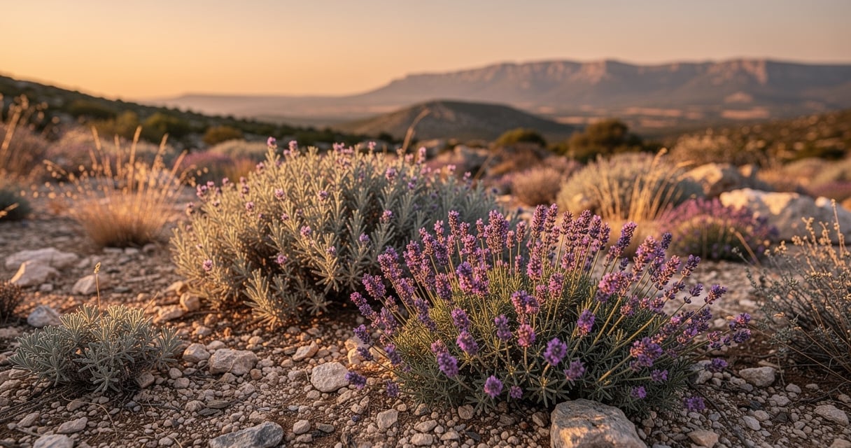 Paysage de garrigue dans les Corbières avec lavande et plantes aromatiques au coucher du soleil