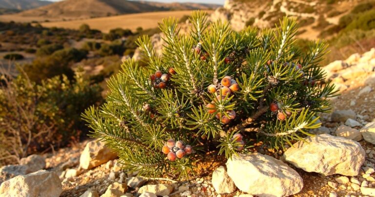 Genévrier cade aux aiguilles piquantes sur un sol calcaire de la garrigue audoise