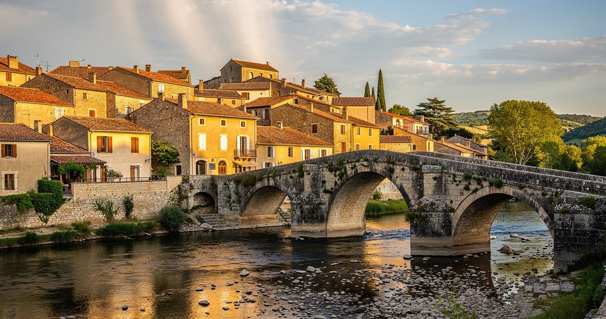 Vue du village médiéval de Lagrasse dans l'Aude avec le Pont Vieux sur l'Orbieu