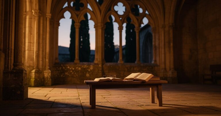 Cloître de l'abbaye de Lagrasse au crépuscule, livres ouverts sur un banc en pierre