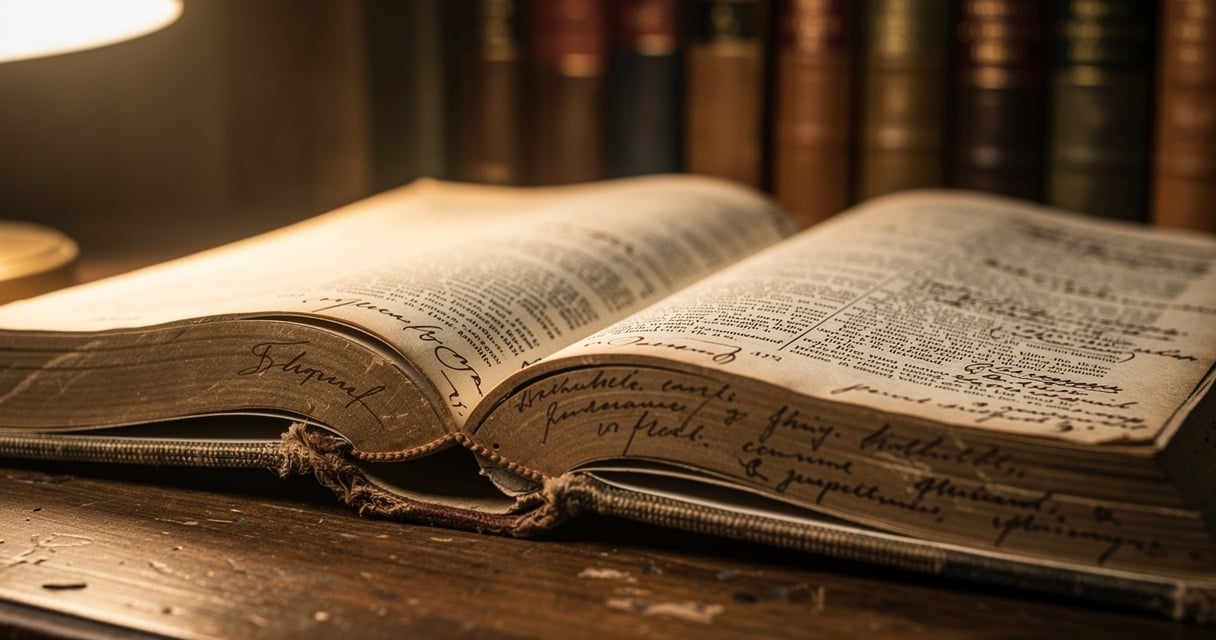 Livre ouvert annoté à la main posé sur un bureau d'étude littéraire