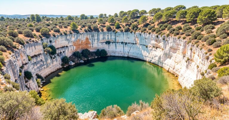 Gouffre karstique aux eaux vert émeraude entouré de hautes falaises calcaires dans les Corbières