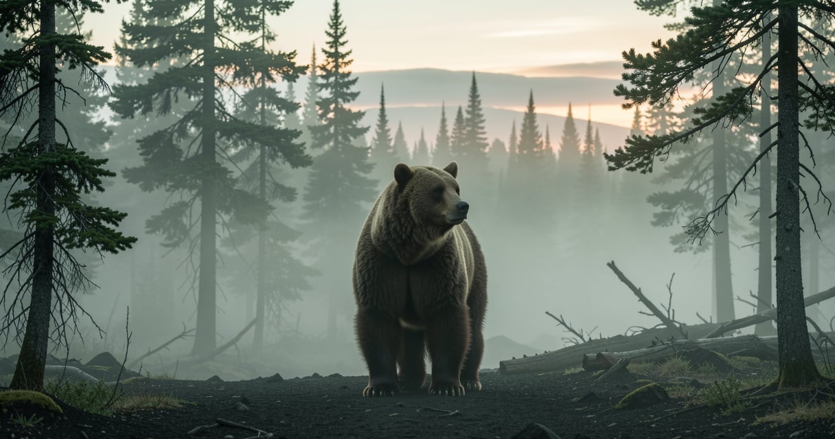Un ours brun dans une foret brumeuse du Kamtchatka a l'aube