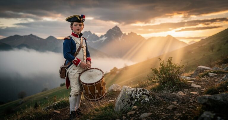 Jeune tambour de l'armée révolutionnaire française dans les Pyrénées à l'aube