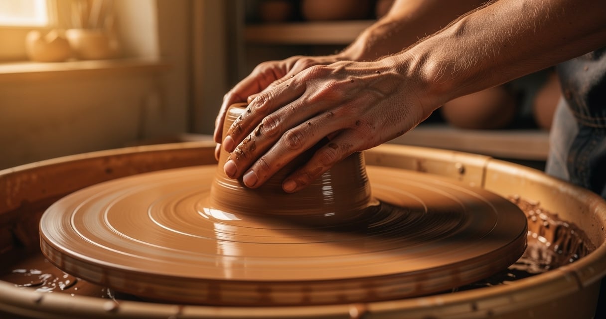 Mains façonnant de l'argile humide sur un tour de potier en rotation