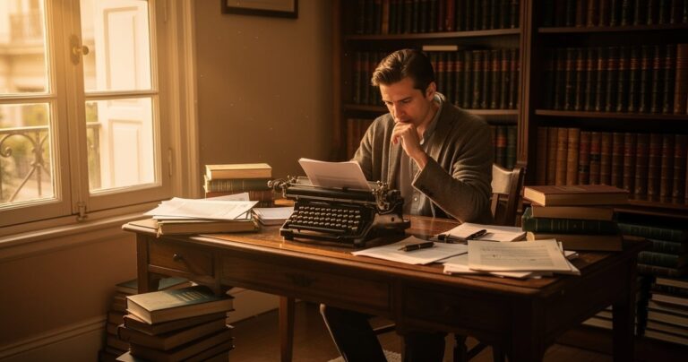 Bureau d'un editeur litteraire parisien avec manuscrits et livres